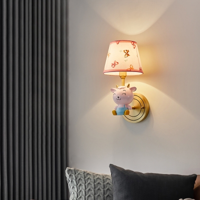 Sheep Shaped Resin Wall Lighting Cartoon Pink Wall Sconce with Tapered Fabric Shade
