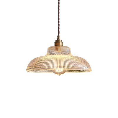 Single-Bulb Bowl Pendant Ceiling Light Minimalist Clear Ribbed Glass Hanging Lighting over Table
