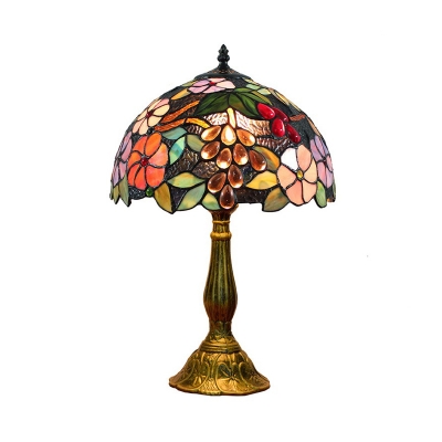 Stained Art Glass Dome Night Lamp Tiffany 1 Head Antiqued Brass Table Light with Grape and Flower Pattern