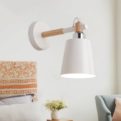 1-Bulb Child Room Wall Lamp Macaron Wood Adjustable Sconce Light with Horn Metal Shade