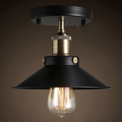 1 Head Semi Flush Industrial Umbrella Metallic Flush Ceiling Light Fixture in Black