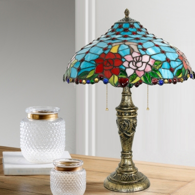 3-Head Pull Chain Nightstand Light Tiffany Jeweled Stained Glass Table Lamp in Blue