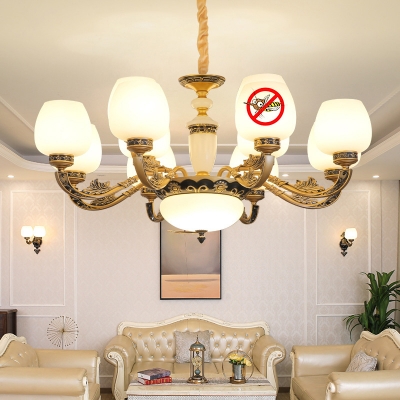 Antiqued Brass Light Fixture Traditional White Glass Bud Indoor Lamp for Living Room
