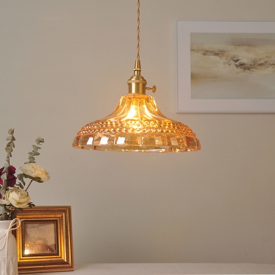 Barn Shade Amber Glass Ceiling Lamp Vintage 1-Light Dining Room Suspension Pendant in Brass