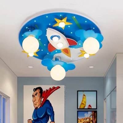 Blue Space Rocket Flush Lamp Kids 8-Light Wooden Flush Mount Ceiling Lighting Fixture
