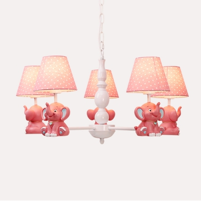 Elephant Chandelier Lamp Cartoon Resin Childrens Bedroom Suspension Light with Dot-Print Fabric Shade
