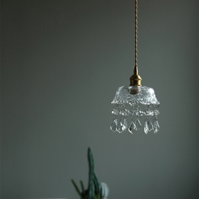 Floral Dining Room Suspension Light Nordic Clear Glass Single Brass Pendant Light Fixture with Crystal Drip