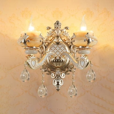 Floral Wall Light Vintage Gold Faux Jade Wall Lamp Sconce with Clear Crystal Drop