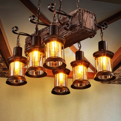 Lantern Bistro Light Fitting Industrial Style Transparent Glass Wood Indoor Lighting