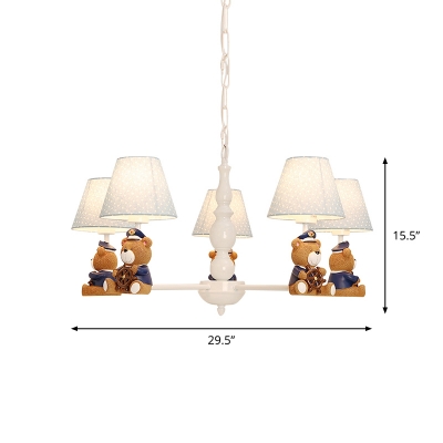 Officer Bear Hanging Pendant Cartoon Resin Bedroom Chandelier with Tapered Fabric Shade in White