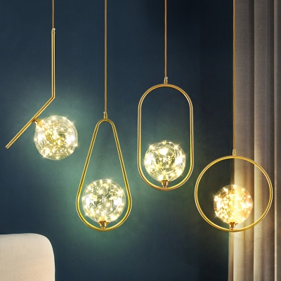 Post-Modern LED Hanging Lamp Brass Sphere Pendant Light Fixture with Clear Glass Shade