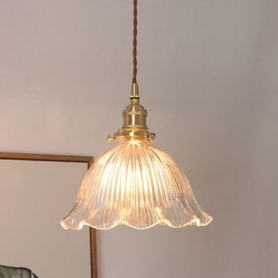 Ruffled Clear Rib Glass Pendant Lighting Antique Dining Room Suspension Lamp in Brass