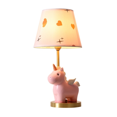 Unicorn Childrens Bedroom Table Lighting Resin Single-Bulb Cartoon Night Lamp with Print Fabric Shade