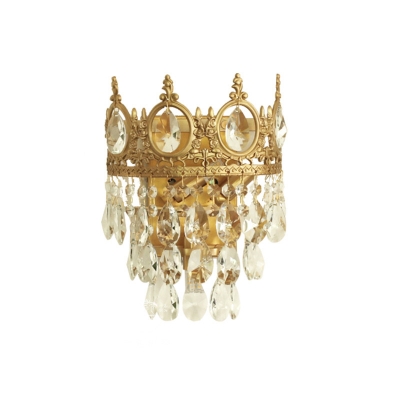 3-Bulb Teardrop Crystal Sconce Light Traditional Gold Crown Shaped Dining Room Wall Mount Lamp