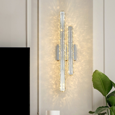 Beveled Crystal Rod Shaped Wall Sconce Minimalist Stainless Steel LED Wall Mount Light
