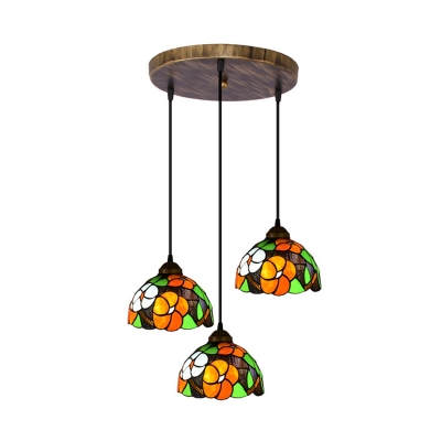 Bowl Pendant Lighting Tiffany Cut Glass 3-Head Orange Ceiling Hang Lamp with Flower Pattern
