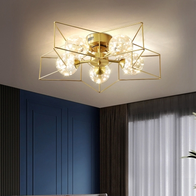 Brass Pentacle Semi Flush Mount Postmodern 5 Bulbs Metal Ceiling Lamp with Ball Clear Glass Shade