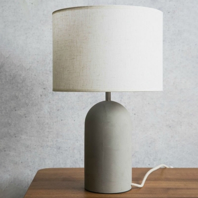 Elongated Dome Cement Night Light Minimalist Single Grey Table Lamp with Cylinder Fabric Shade