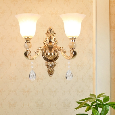 Frosted Glass Sconce Light Vintage Gold Flared Lounge Wall Lamp with Crystal Pendalogues