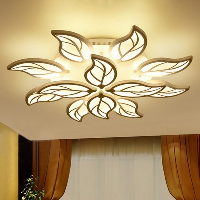 Integrated LED Bedroom Ceiling Lamp Modern White Semi Flush Light with Leaf Acrylic Shade