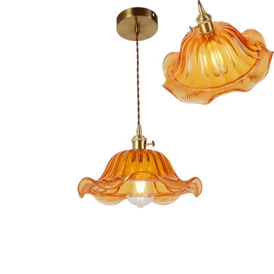 Loft Style Floral Pendant Light Kit 1-Light Textured Glass Hanging Ceiling Light in Brass