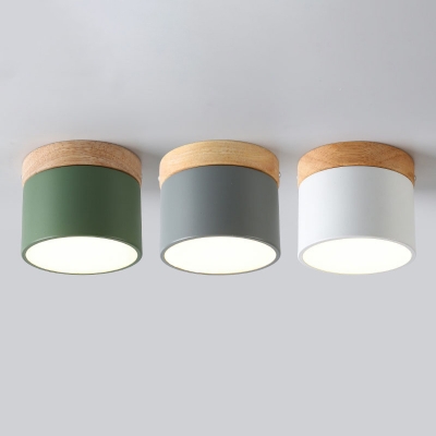 Mini Cylinder LED Flush Light Macaron Metal Living Room Flush Ceiling Light with Wood Accent