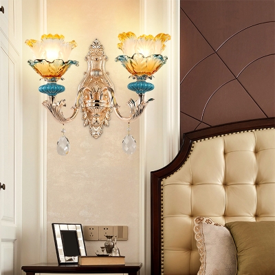 Ombre Glass Wall Mount Lamp Vintage Gold Flower Bedroom Sconce Wall Lighting with Crystal Decor