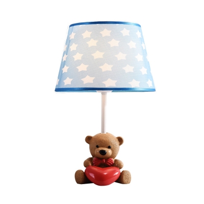 Resin Bear Nightstand Lamp Cartoon 1 Bulb Brown Table Light with Tapered Fabric Shade