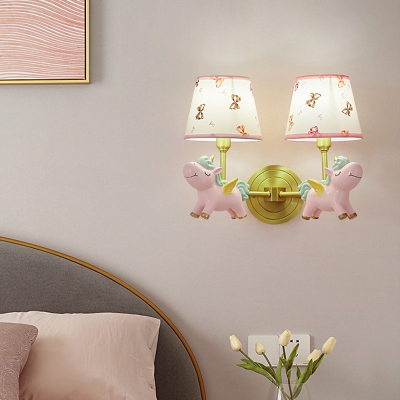 Resin Flying Horse Wall Lamp Fixture Kids Style Wall Mount Lighting with Tapered Fabric Shade