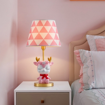 Triangle-Print Fabric Empire Shade Table Lamp Kids 1-Light Nightstand Light with Deer Base