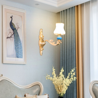 Wall Sconce Light Traditional Flared Cream Glass Wall Lamp in Gold with Blue Ceramics Accent