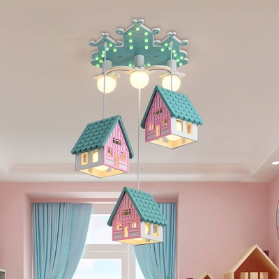 Wooden House Shaped Pendant Lamp Kids 3-Head Multi Hanging Light Fixture for Bedroom