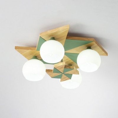 Wooden Windmill Ceiling Flush Mount Light Macaron 4-Head Flush Mount with Dome Milk Glass Shade