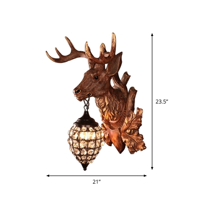 Brown Deer Head Wall Lamp Farmhouse Resin 1-Light Restaurant Sconce Lighting with Embedded Crystal Shade