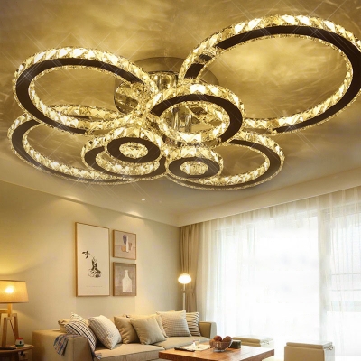 Bubble Rings Semi Flush Ceiling Light Modern Inserted Crystal Living Room LED Flushmount in Stainless Steel