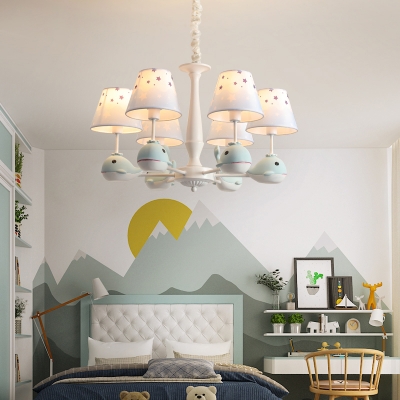 Cartoon Whale Ceiling Hang Light Resin Kids Style Chandelier with Fabric Shade in Light Blue