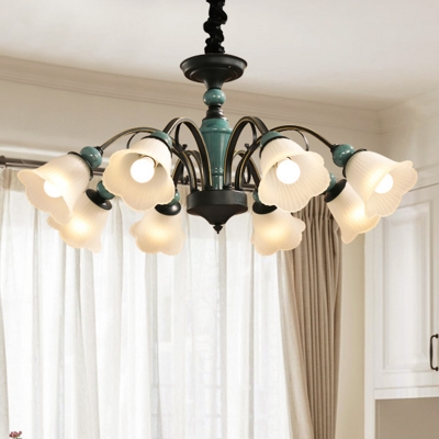 Classic Floral Shade Flush Mount Chandelier Ribbed Glass Semi Flush Light Fixture in Green