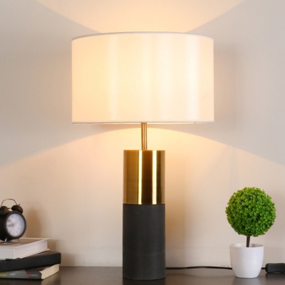 Cylinder Concrete Table Light Minimalistic 1-Bulb Nightstand Lamp with Fabric Shade