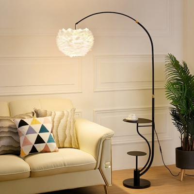 Dome Feather Floor Lighting Postmodern 1-Light Standing Lamp with Table and Arc Arm