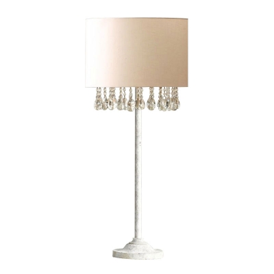 Fabric White Table Lamp Cylindrical 1-Light Country Night Light with Crystal Draping