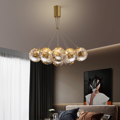 Globe Cluster Pendant Light Postmodern Clear Glass Bedroom Ceiling Lamp in Brass