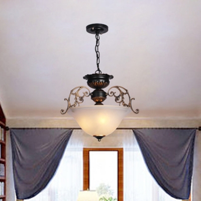 Gold-Black Bowl Chandelier Light Retro Frosted Glass 3 Bulbs Living Room Pendant Light Fixture