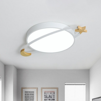Kid Ringed Planet LED Flush Light Acrylic Childrens Bedroom Ceiling Lamp with Wood Star and Moon Deco