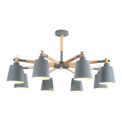 Macaron Radial Chandelier Lamp Wooden 6 Bulbs Living Room Pendant with Tapered Metal Shade