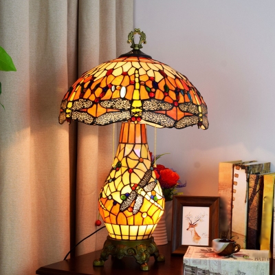 Orange 3 Lights Pull-Chain Table Lamp Tiffany Stained Glass Mushroom Shaped Night Light with Dragonfly Pattern