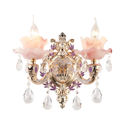 Pink Alabaster Glass Ruffle Sconce Lamp Traditional Living Room Wall Light Fixture with Gold Carved Arm