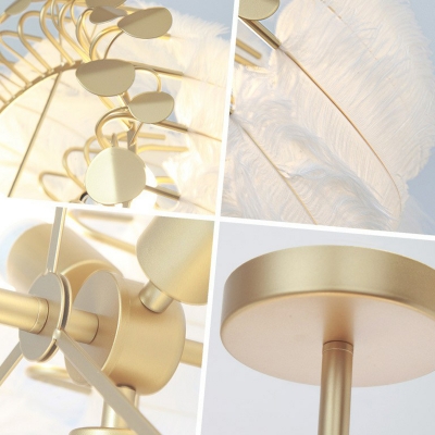Postmodern Ceiling Hang Lamp Gold Round Chandelier Lighting Fixture with Feather Shade