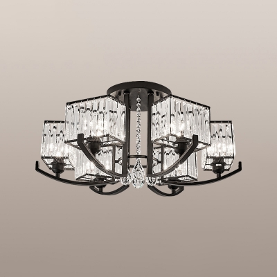 Rectangular Living Room Flush Chandelier Modern Clear Crystal Black Semi Mount Lighting