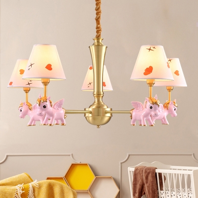 Unicorn Nursery Chandelier Light Resin Cartoon Hanging Lamp with Tapered Fabric Shade