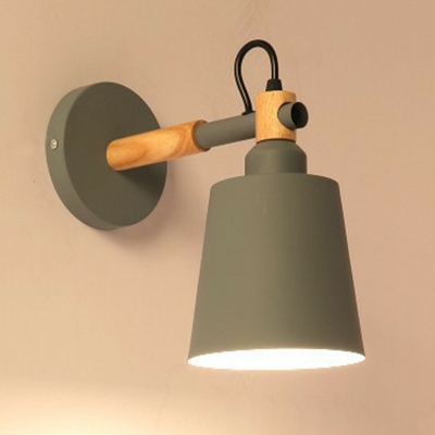 1-Bulb Child Room Wall Lamp Macaron Wood Adjustable Sconce Light with Horn Metal Shade